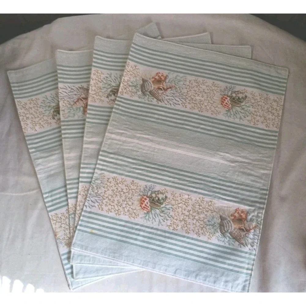 4 Fabric Table Placemats Seashells Coral Green Stripes Beach 12 x 17 Inches READ